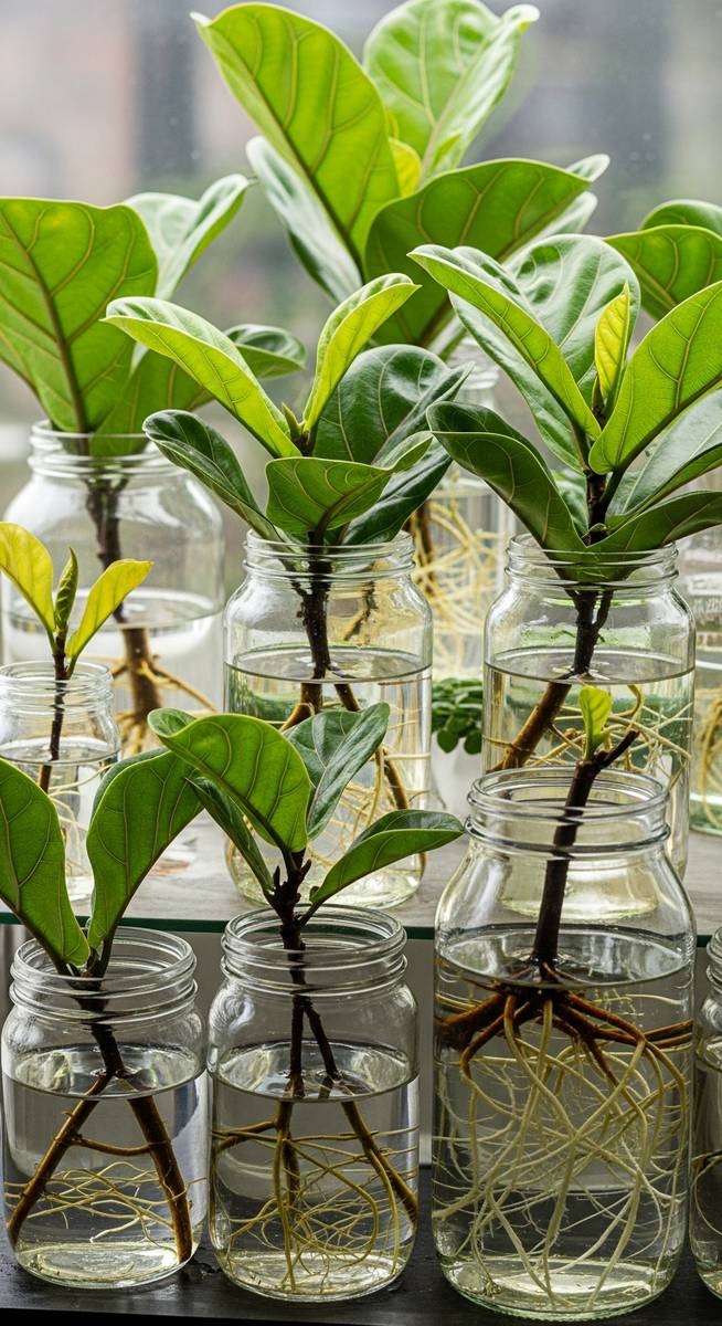 multiple fiddle leaf fig cuttings at different stages of rooting in water