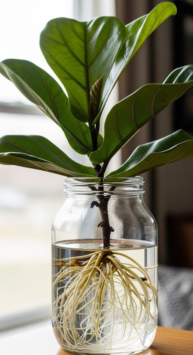 a fiddle leaf fig cutting with healthy roots in water ready to pot