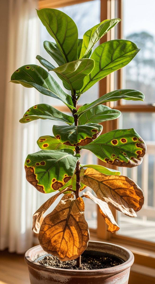 a fiddle leaf fig plant with several leaves showing brown spot damage