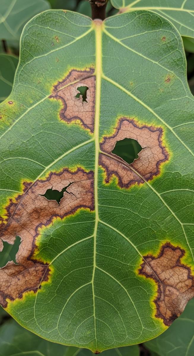 close-up of a single fiddle leaf fig leaf with brown spots and discolouration, for fiddle leaf fig red spots