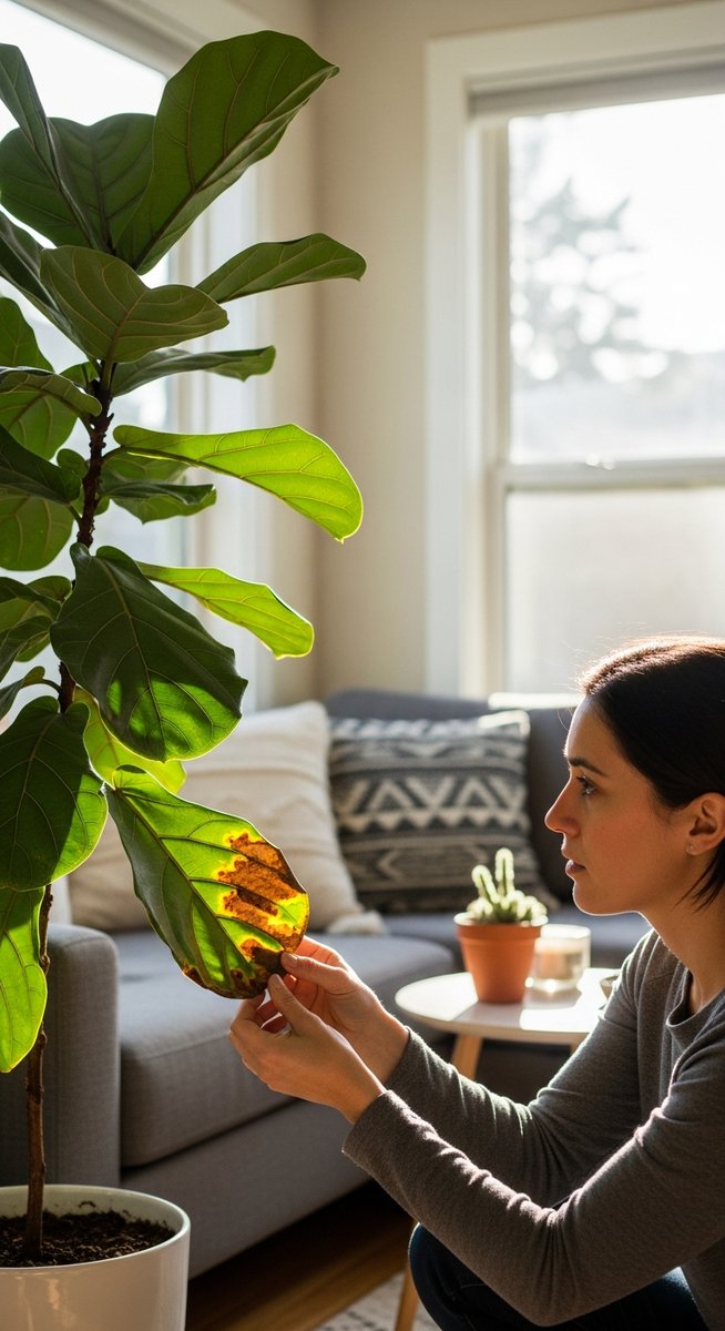 a person inspecting brown spots on a fiddle leaf fig leaf