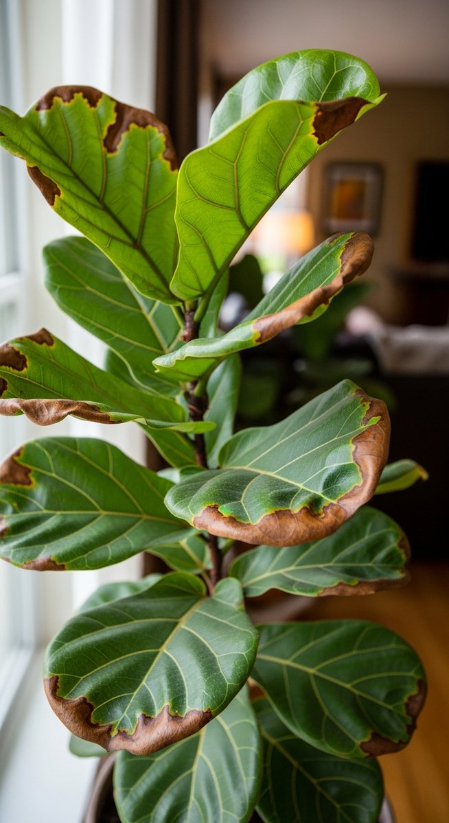 a fiddle leaf fig plant with brown spotted leaves in a home setting