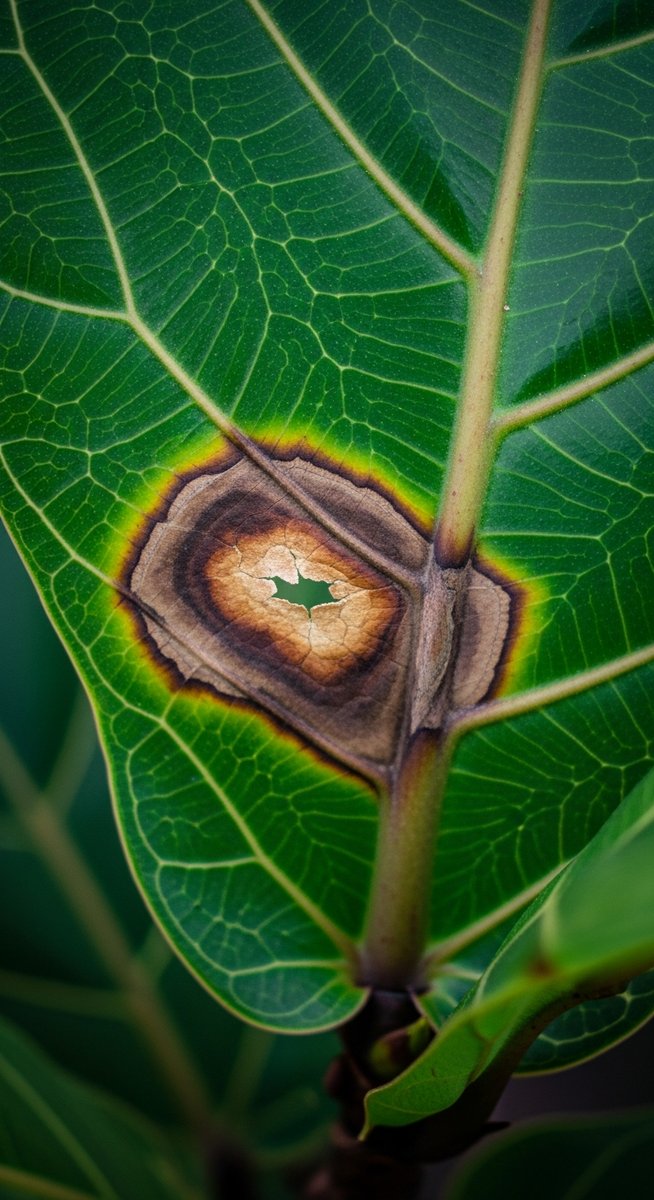 macro close-up of brown spot damage on a fiddle leaf fig leaf, for fiddle leaf fig red spots