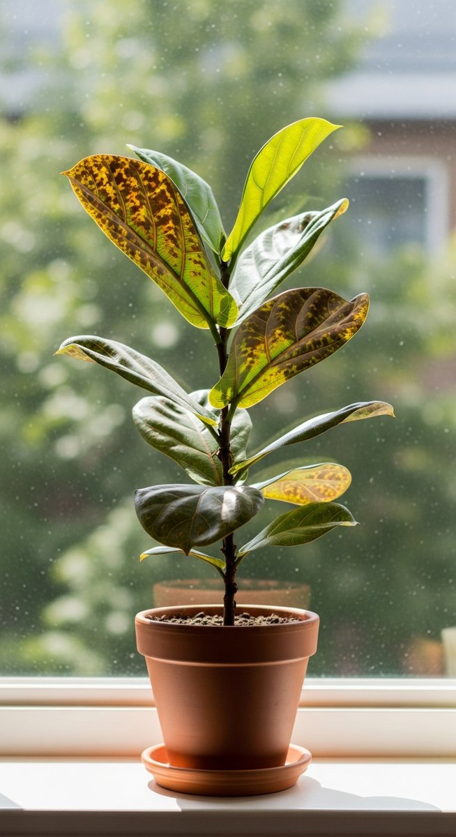 a fiddle leaf fig plant with brown spotted foliage on a windowsill