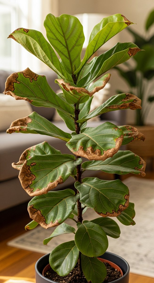a fiddle leaf fig plant with brown spotted leaves in a home setting