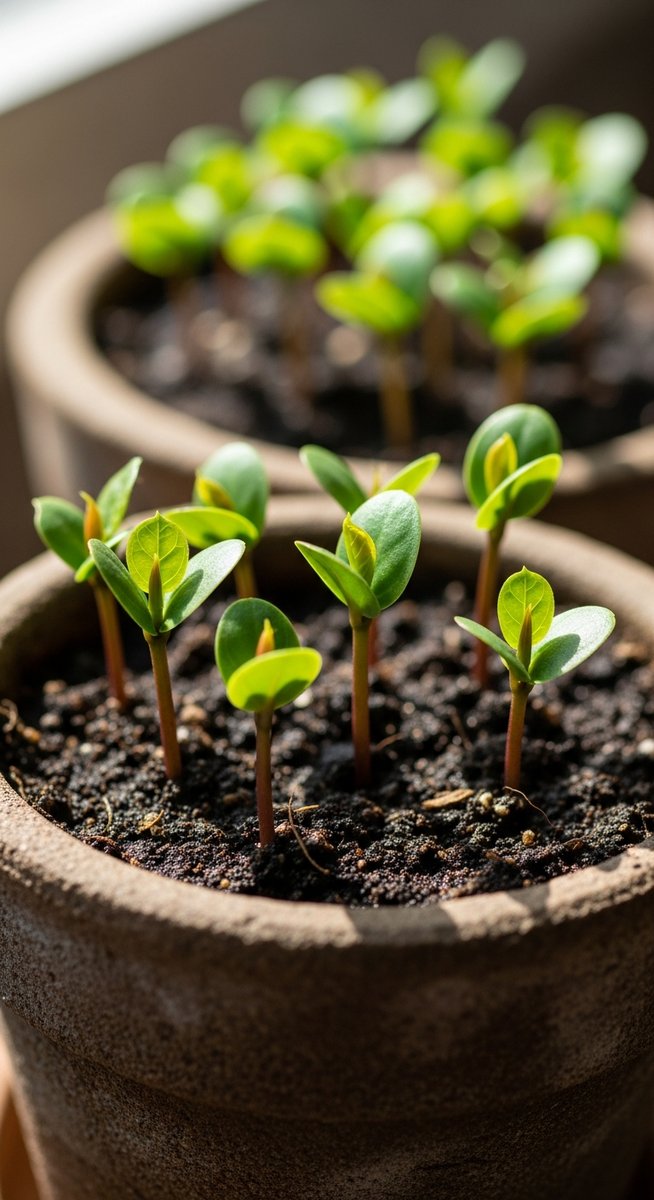 Small fiddle leaf fig seedlings in a small pot or tray