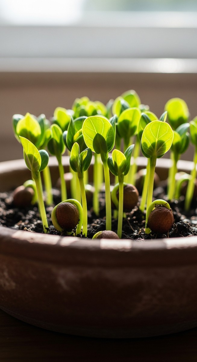 Small fiddle leaf fig seedlings in a small pot or tray, for fiddle leaf fig seeds