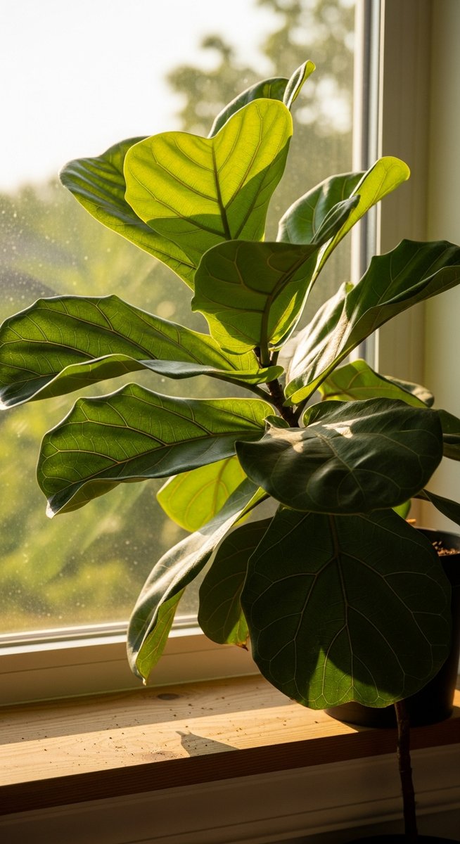 a fiddle leaf fig plant on a windowsill in summer, for fiddle leaf fig summer care