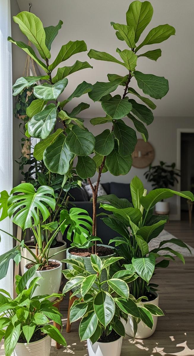 houseplants including a fiddle leaf fig plant grouped together in summer