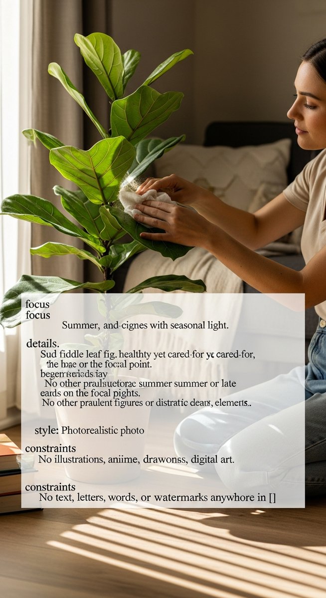 a person tending to a fiddle leaf fig plant in summer, for fiddle leaf fig summer care