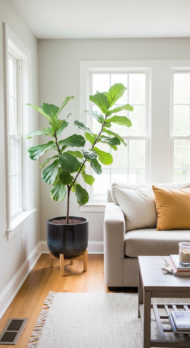 a home interior in summer featuring a fiddle leaf fig plant, for fiddle leaf fig summer care