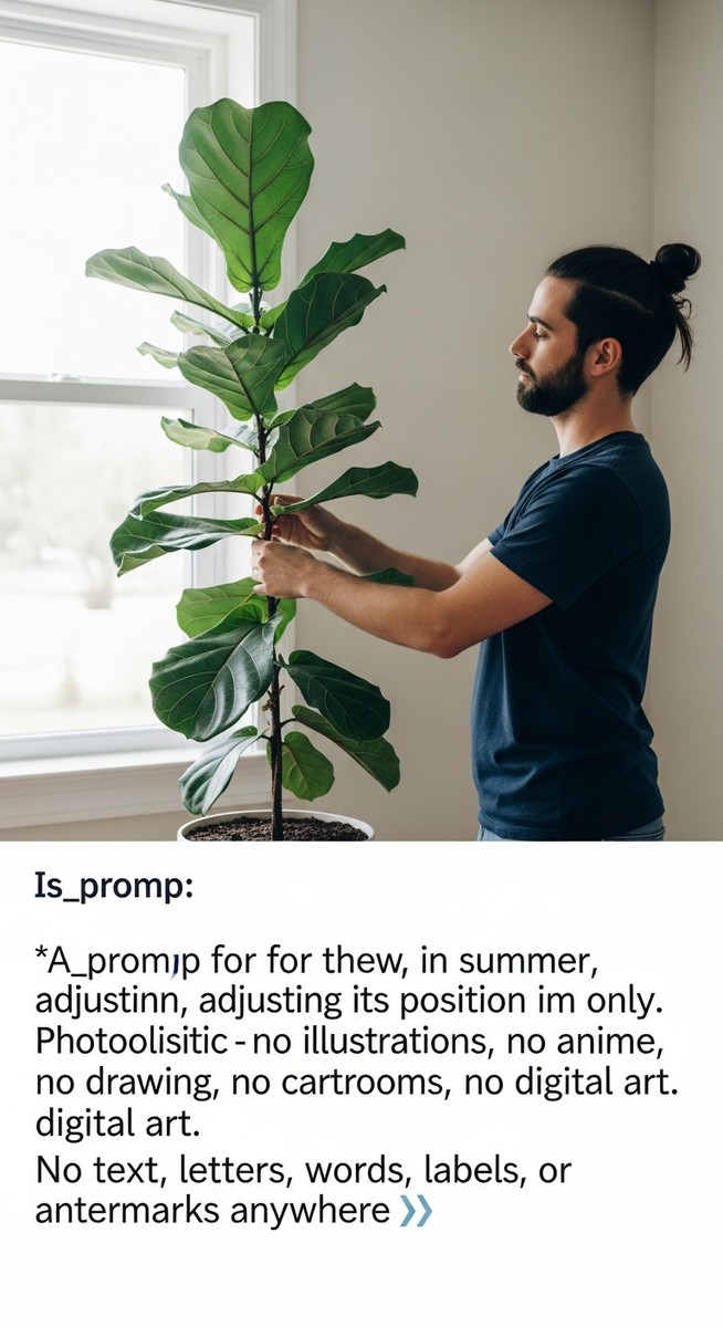 a person caring for a fiddle leaf fig plant near a window in summer