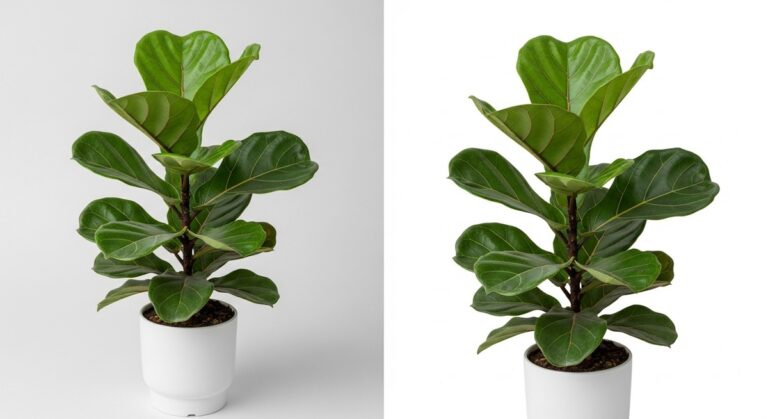 a fiddle leaf fig plant in a bright home interior in summer, for fiddle leaf fig summer care