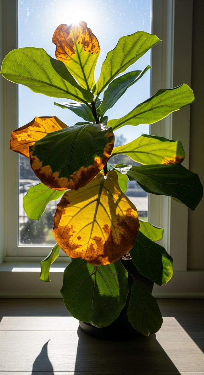 a fiddle leaf fig plant near a harsh sunny window showing sunburned leaves