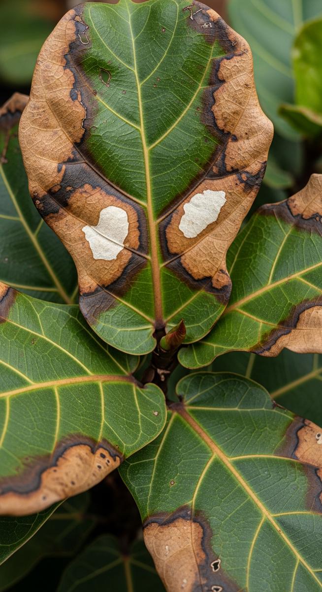 close-up of sunburned fiddle leaf fig leaves with brown scorched patches, for fiddle leaf fig sunburn