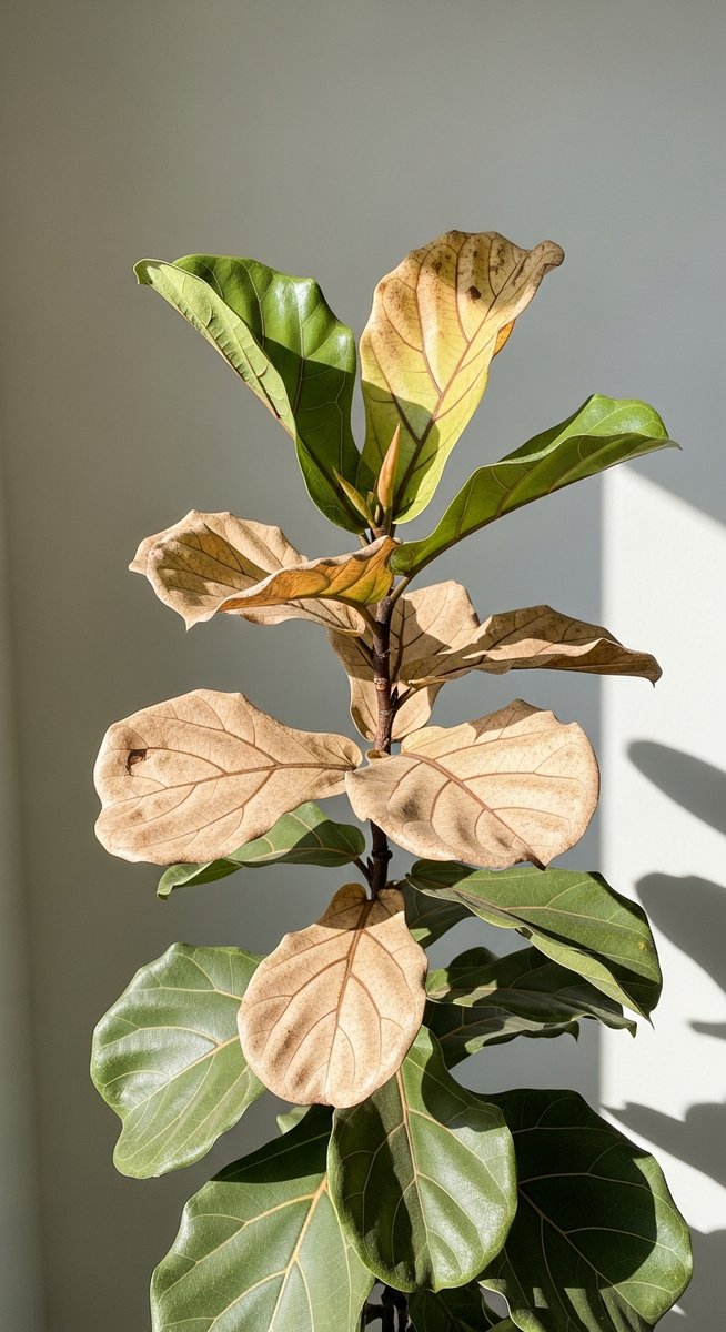 a fiddle leaf fig plant with sun-scorched bleached leaves