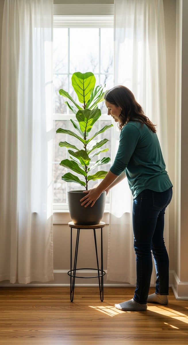 a person moving a fiddle leaf fig plant away from a harsh sunny window