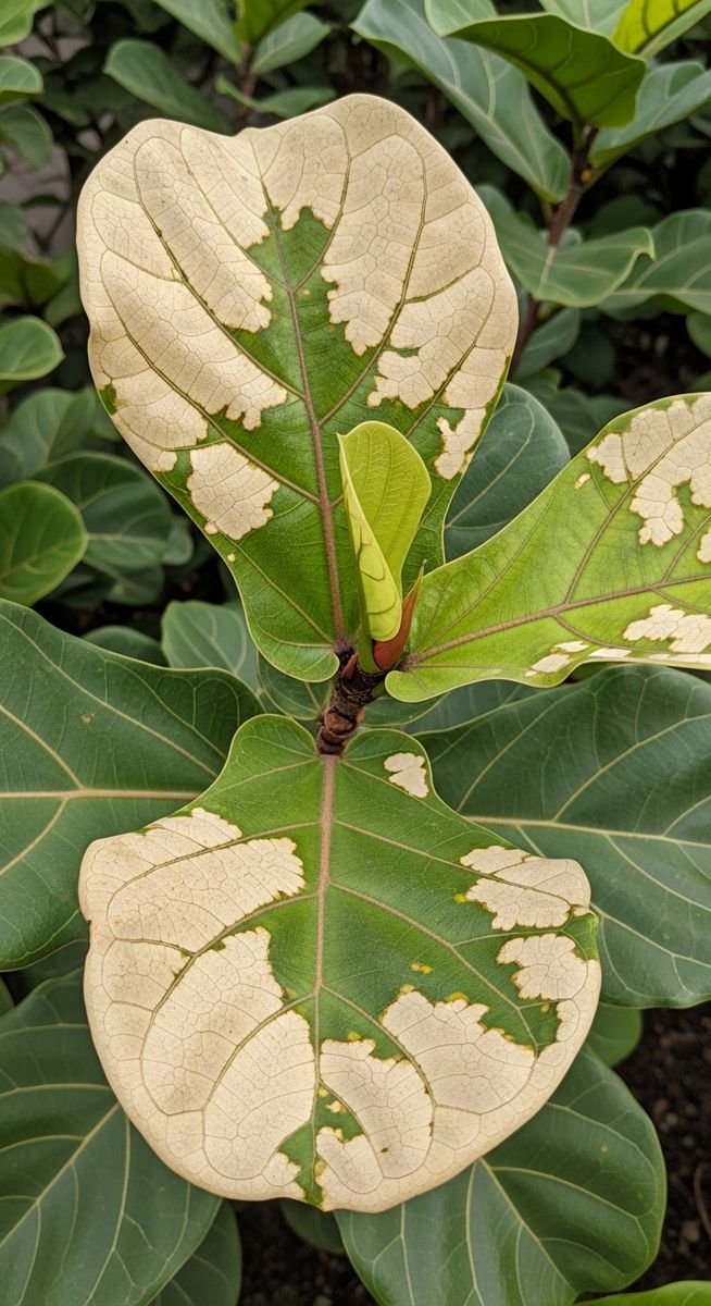 close-up of bleached patches on fiddle leaf fig leaves from too much direct sun, for fiddle leaf fig sunburn