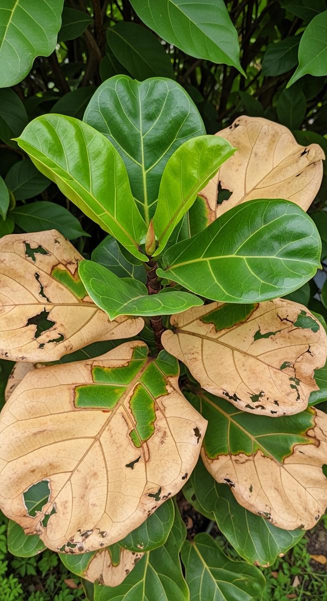 a fiddle leaf fig plant recovering from sunburn with damaged and new healthy leaves