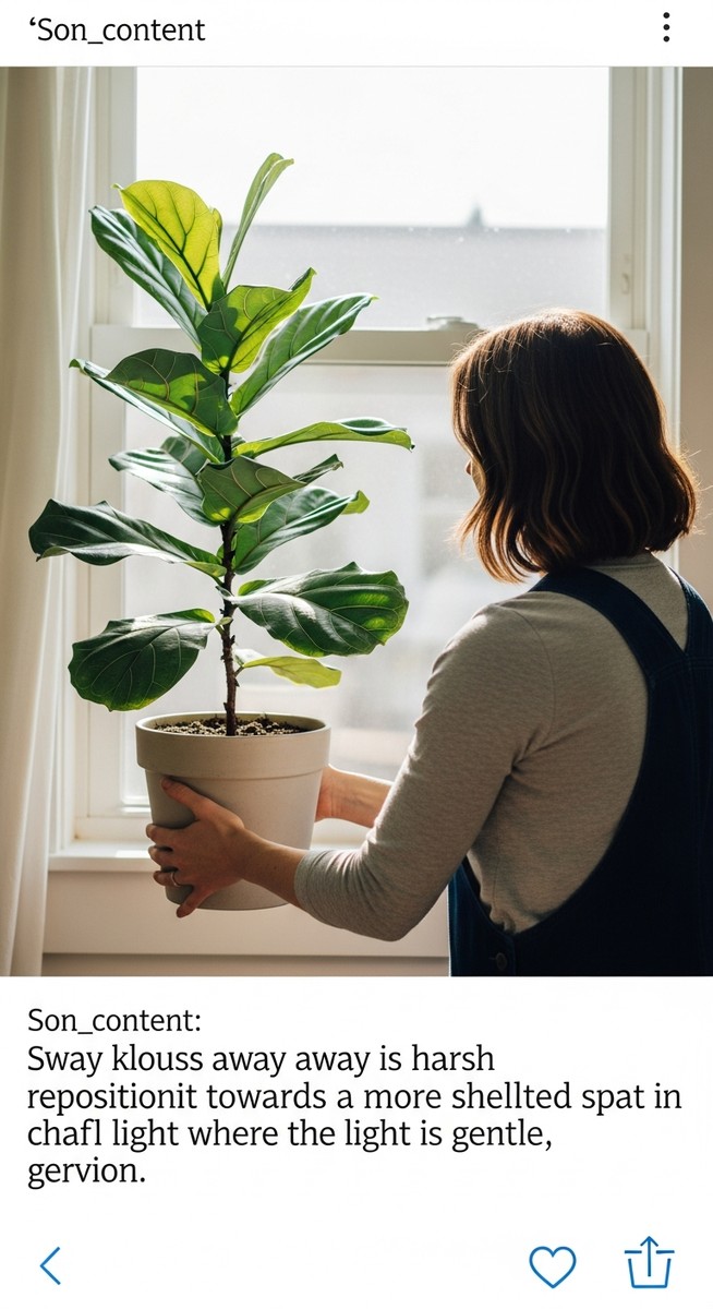 a person moving a fiddle leaf fig plant away from a harsh sunny window