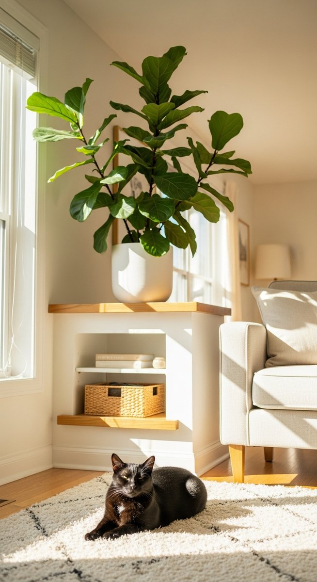 a fiddle leaf fig plant out of reach on a shelf with a cat below