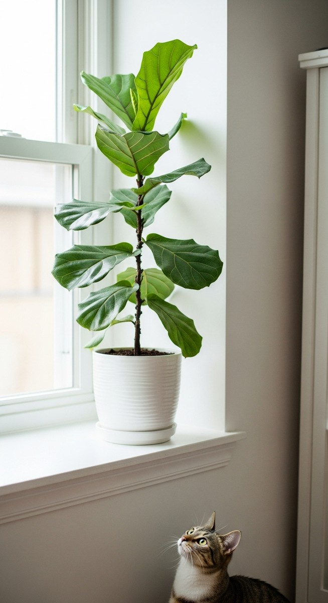 a fiddle leaf fig plant on a windowsill with a cat looking up at it