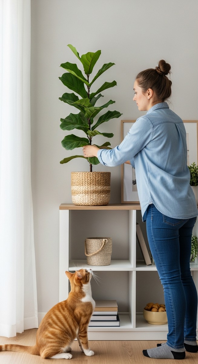 placing a fiddle leaf fig plant safely out of reach of pets, for fiddle leaf fig toxic cats