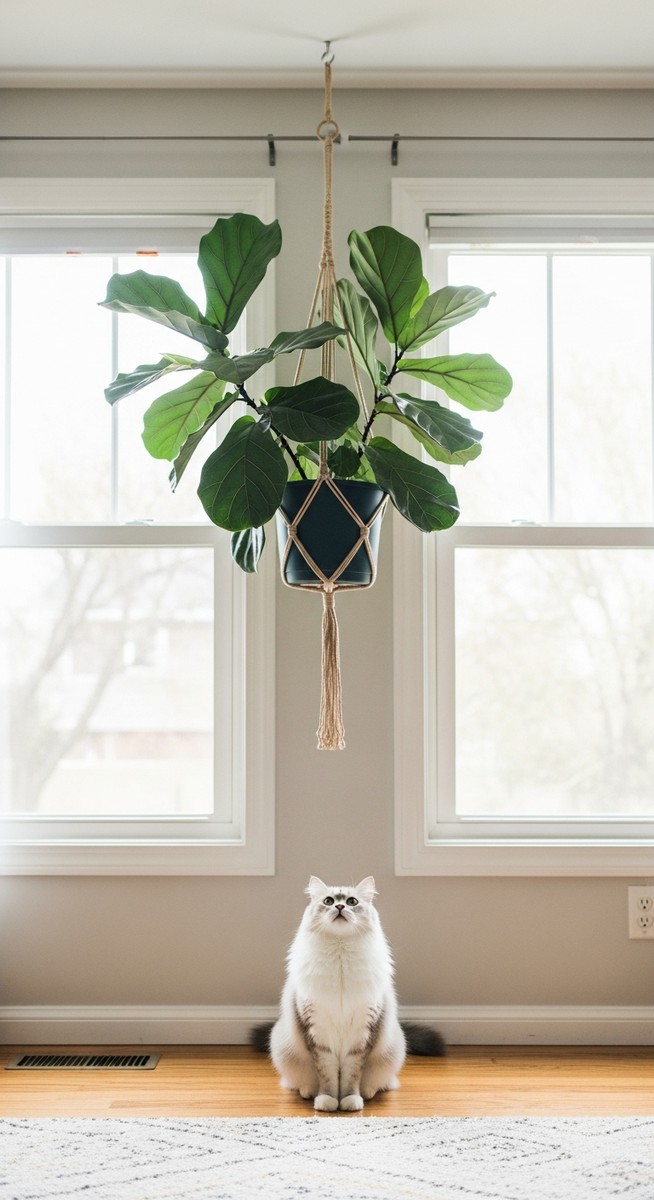 a fiddle leaf fig plant in a hanging pot away from a pet below