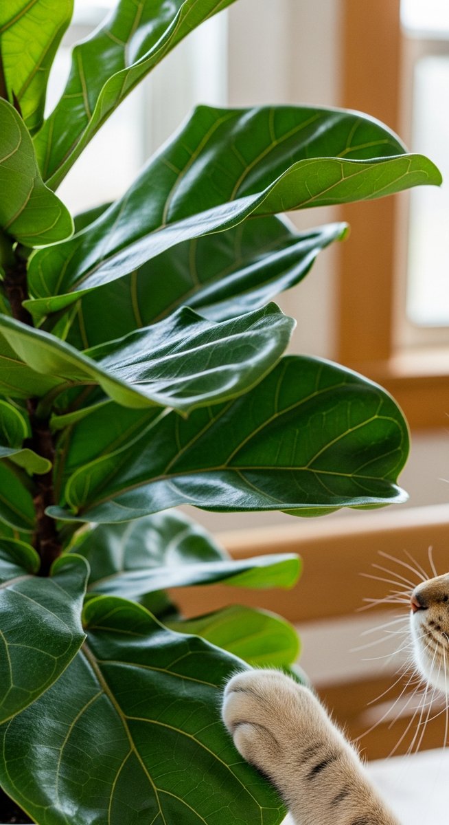close-up of fiddle leaf fig leaves with a cat nearby, for fiddle leaf fig toxic cats