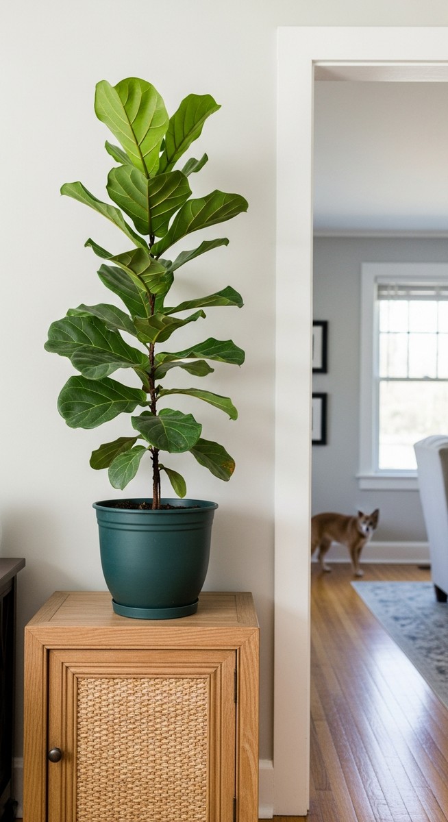 a fiddle leaf fig plant on a high shelf with a pet in the background