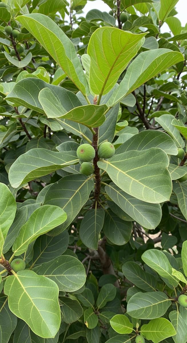 Close-up of fiddle leaf fig fruit growing on a large fiddle leaf fig tree outdoo