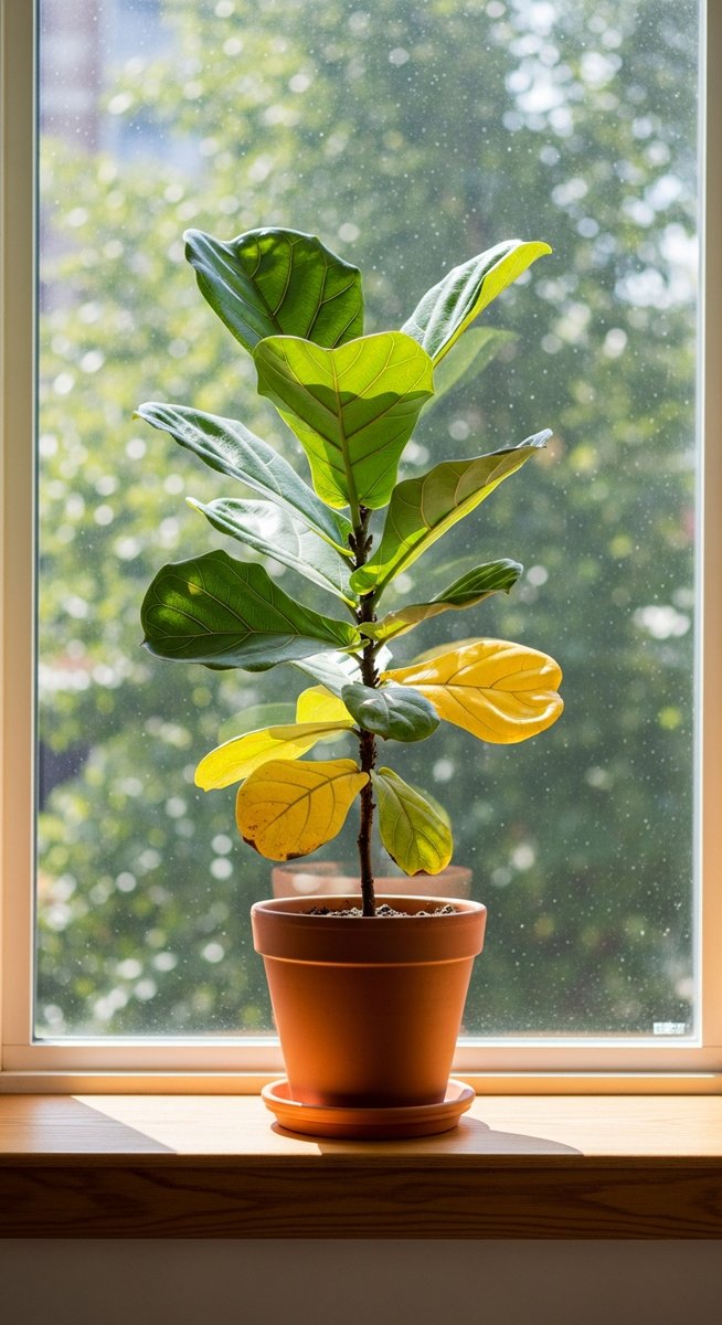 a fiddle leaf fig plant with yellow lower leaves on a windowsill, for fiddle leaf fig yellow leaves