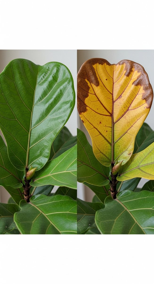 a healthy green fiddle leaf fig leaf next to a yellowing one for comparison