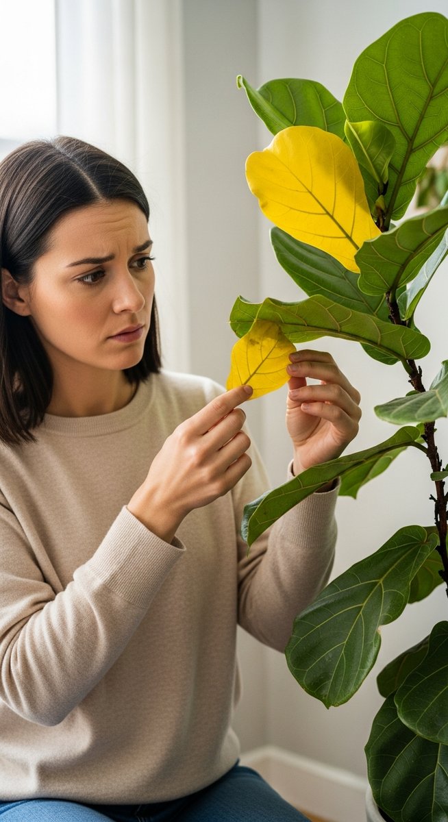 a person examining yellow leaves on a fiddle leaf fig plant, for fiddle leaf fig yellow leaves