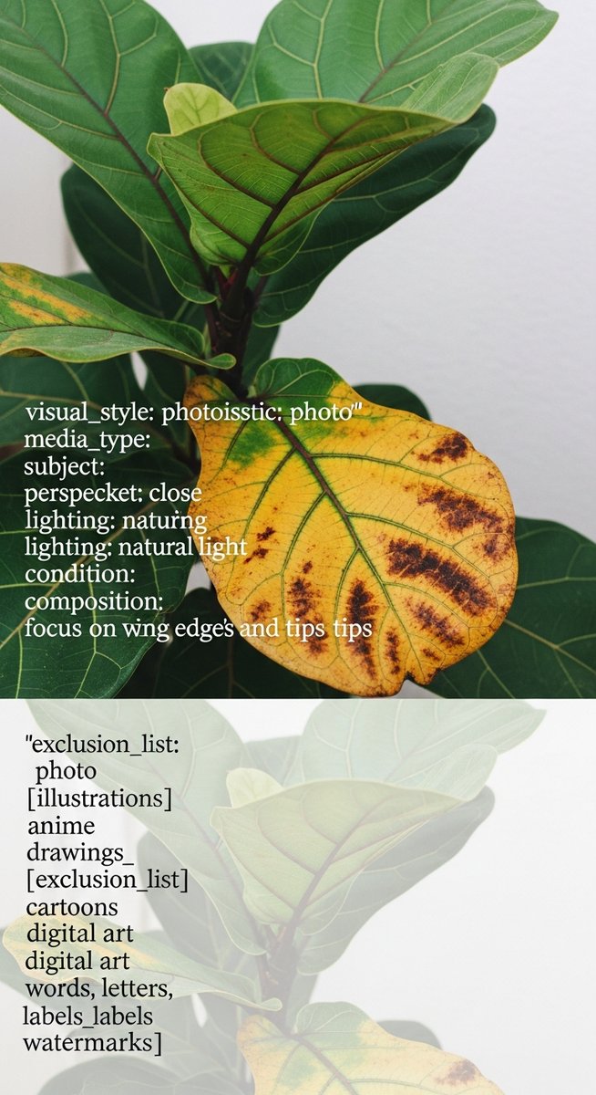 close-up of a fiddle leaf fig leaf with yellowing edges and tips