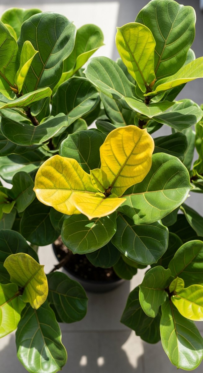 overhead view of a fiddle leaf fig plant with yellow leaves among the green