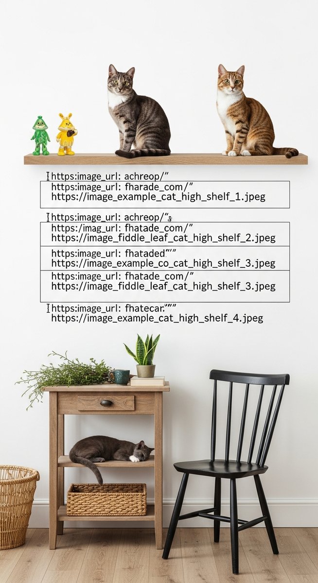 a fiddle leaf fig plant out of reach on a shelf with a cat below