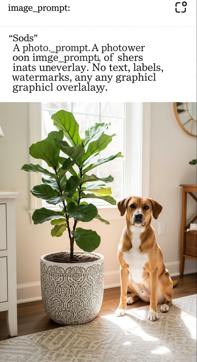 a fiddle leaf fig plant in a pot with a dog sitting calmly nearby, for fiddle leaf figs toxic dogs