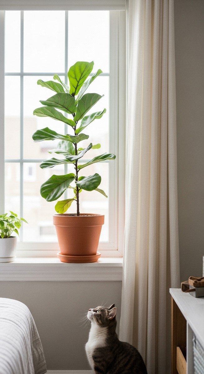 a fiddle leaf fig plant on a windowsill with a cat looking up at it