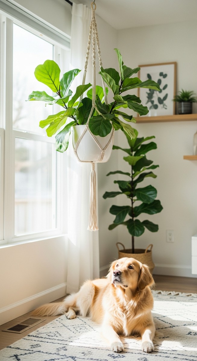 a fiddle leaf fig plant in a hanging pot away from a pet below