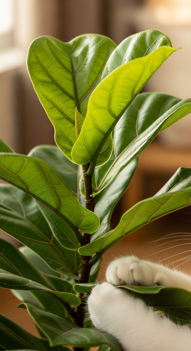 close-up of fiddle leaf fig leaves with a cat nearby, for fiddle leaf figs toxic dogs
