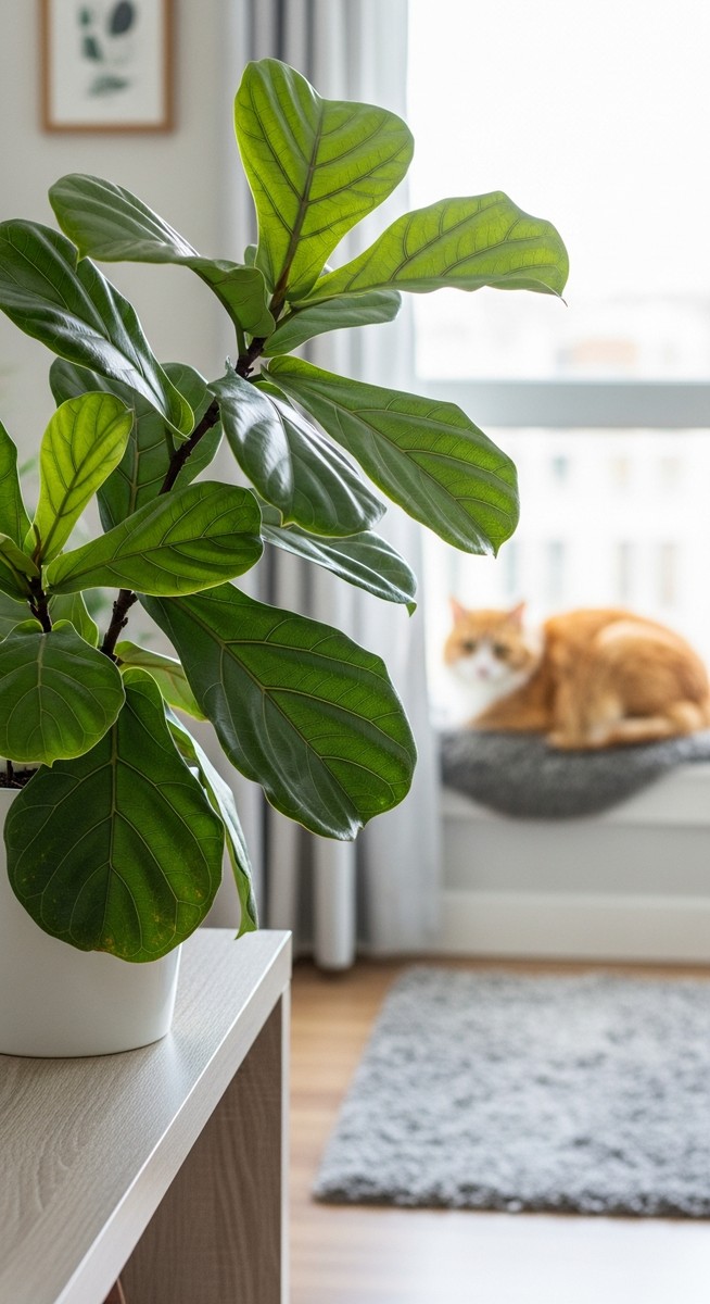 a fiddle leaf fig plant on a high shelf with a pet in the background