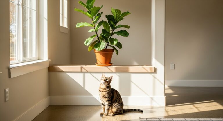 a fiddle leaf fig plant on a high shelf with a cat on the floor below, for fiddle leaf figs toxic dogs