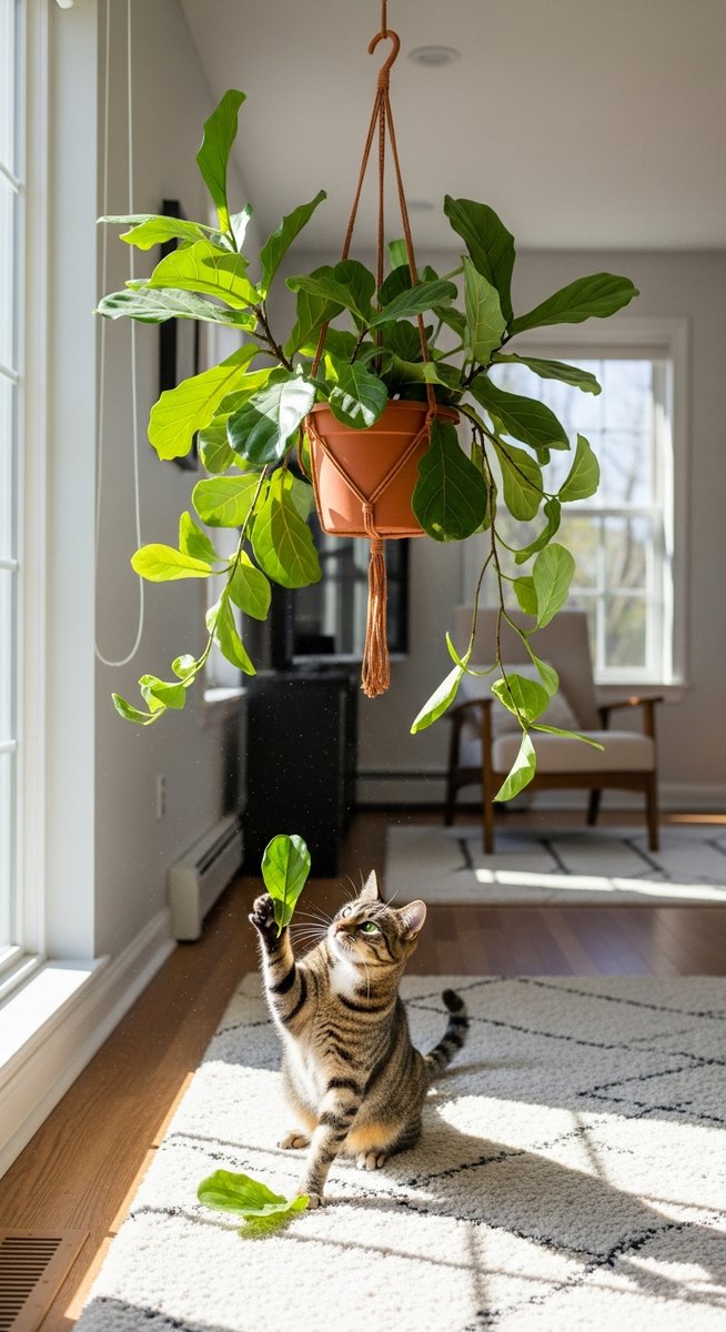 a fiddle leaf fig plant in a hanging pot away from a pet below