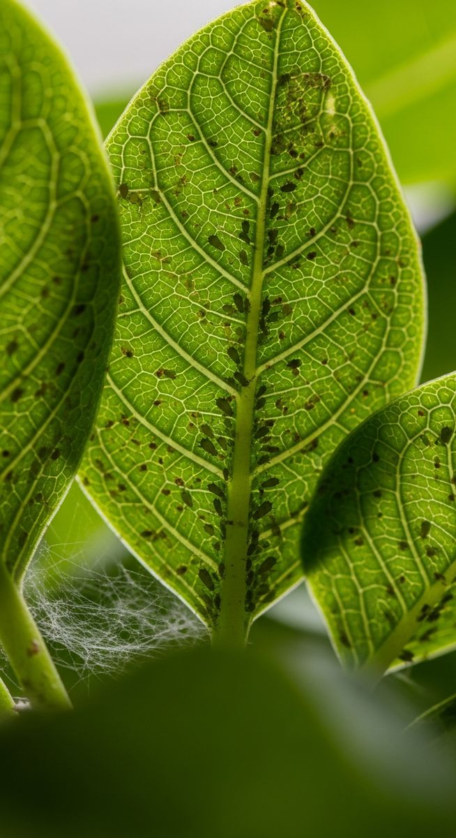 close-up of the underside of mixed houseplants leaves showing pest insects