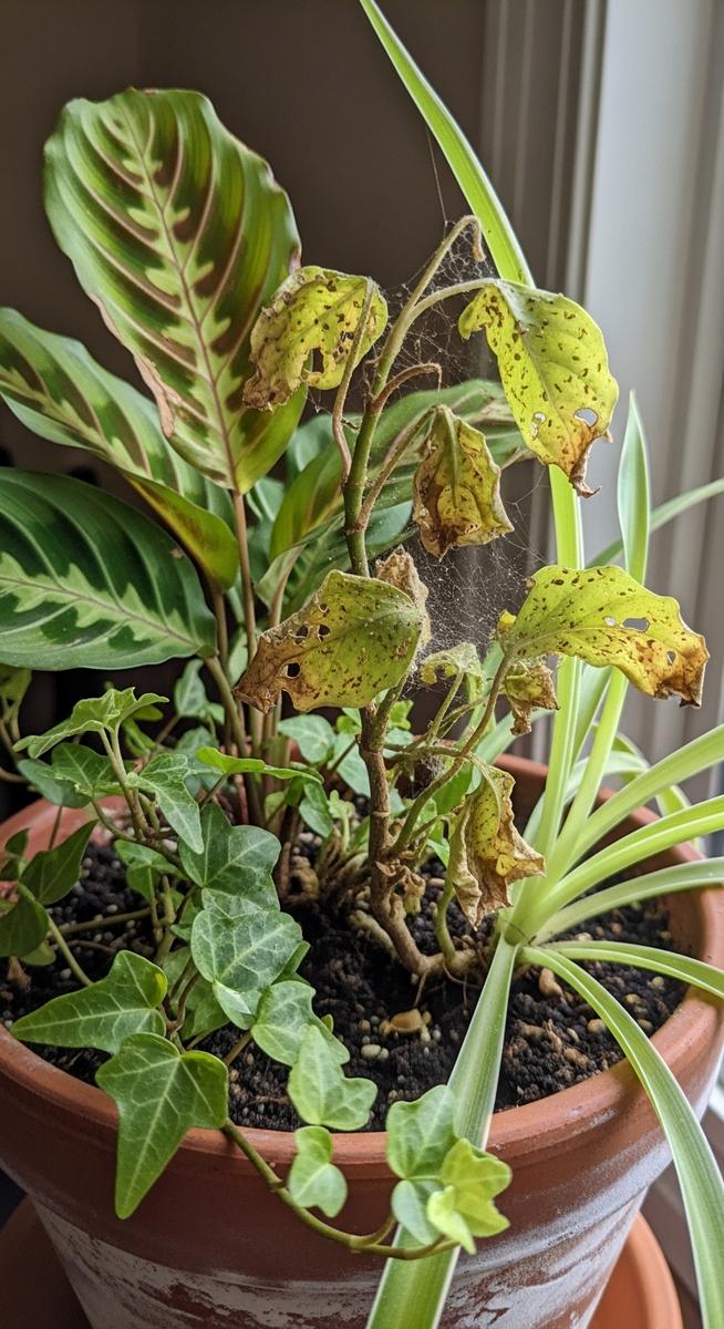 a mixed houseplants plant with visibly pest-damaged leaves, for get rid gnats plants
