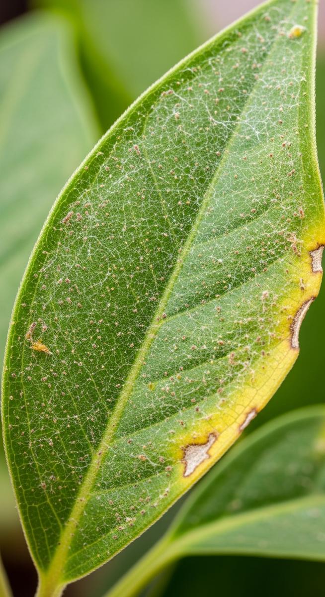 close-up of a mixed houseplants leaf showing webbing from spider mites