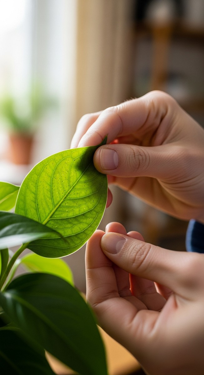 a person inspecting a mixed houseplants plant for signs of pest infestation, for get rid gnats plants