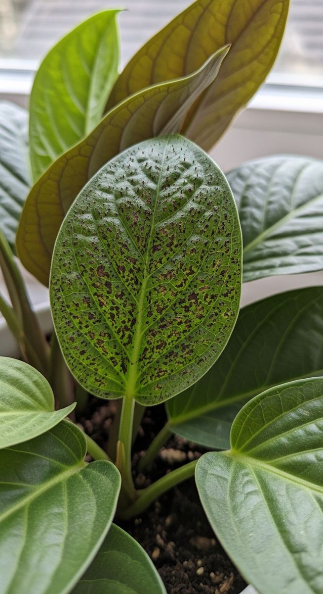 close-up of mixed houseplants leaves showing stippling from pest damage