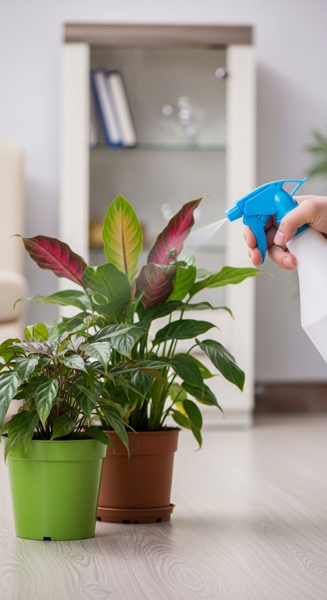a mixed houseplants plant being treated with a spray bottle for pests, for get rid gnats plants